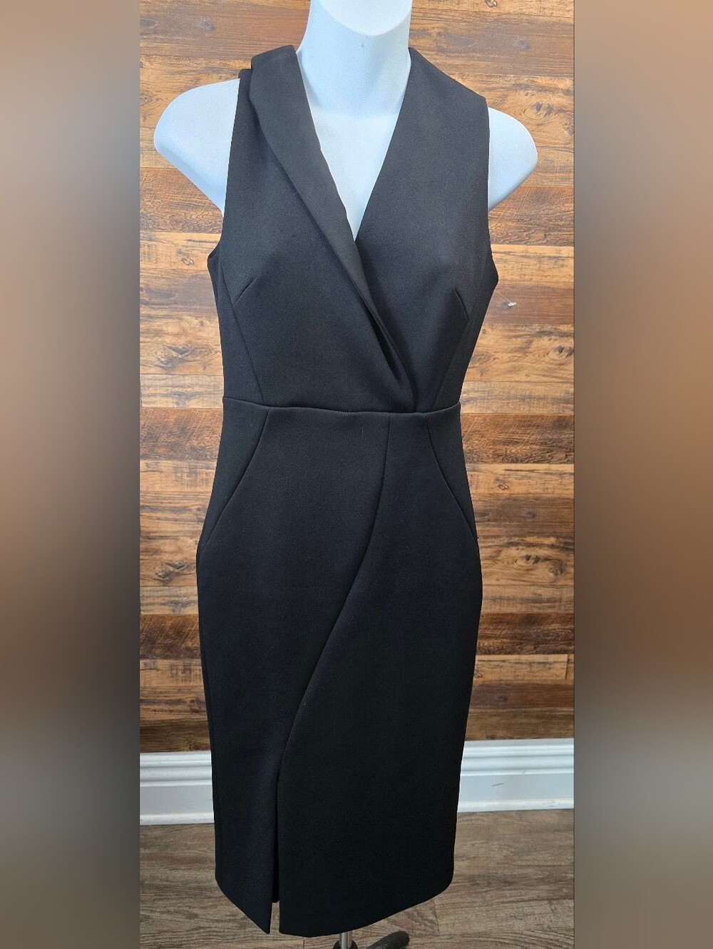 Ted Baker Black One-Shoulder Faux-Wrap Sheath Dress with V-Neck